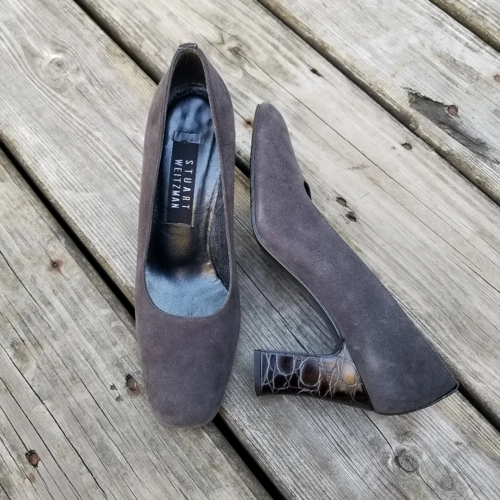 Vintage 90s Stuart Weitzman Gray Suede Square Toe Crocodile Grain Chunky Heels 7